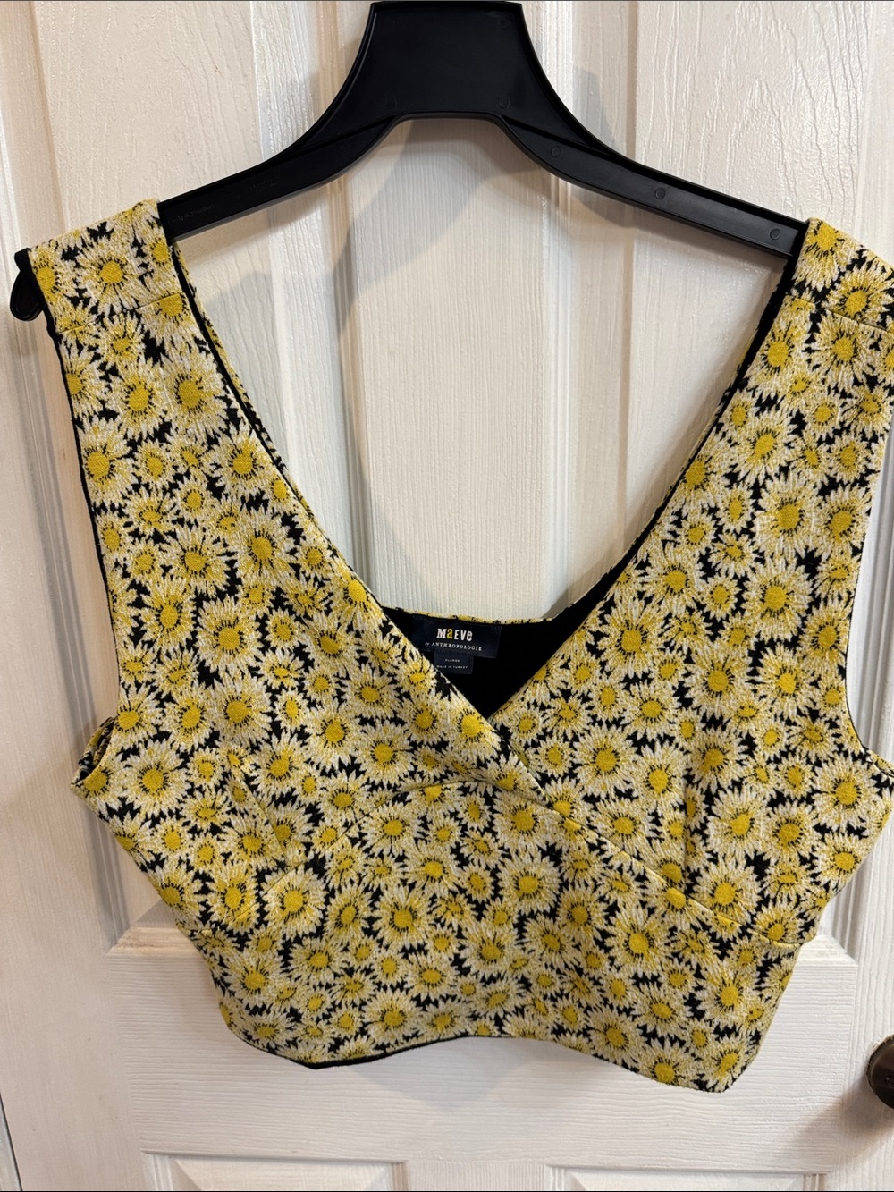 Maeve Yellow Daisy Wrap Crop Top with Black Trim